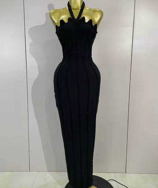 Women Sexy Halter Sleeveless Beaded Maxi Dress