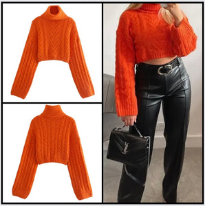 Women Orange Turtleneck Full Sleeve Fashion Crop Sweater Top