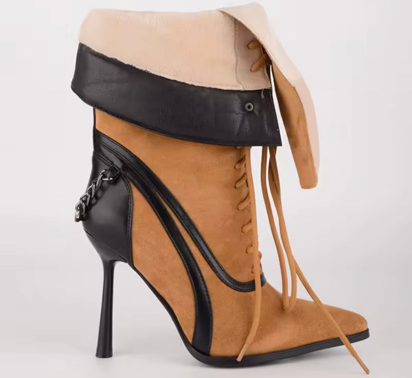 Women Suede Pointed Toe Tie Up Chain High Heel Boots