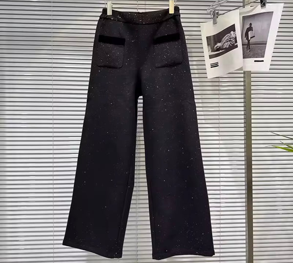 Women Fashion Sparkly B&W Lace Button Up Blazer Two Piece Pant Set