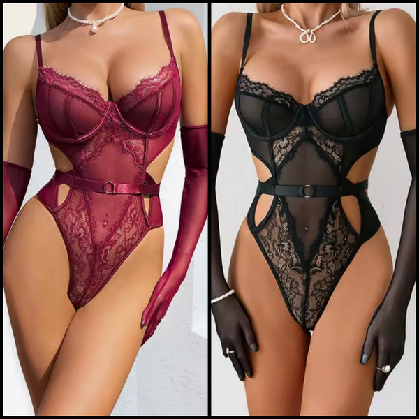 Women Sexy Lace Mesh Glove Bodysuit Lingerie Set