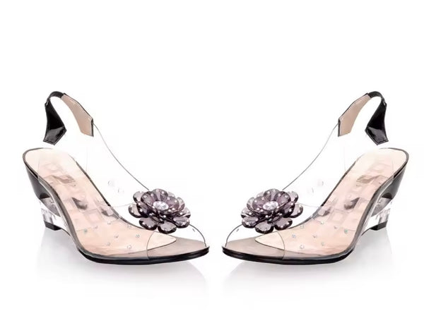 Women Fashion Floral Wedge PVC Slingback Sandals