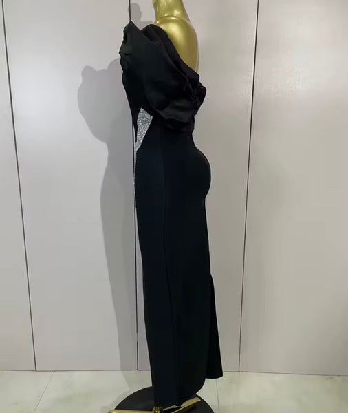 Women Elegant Off The Shoulder Bling Ruched Maxi Dress