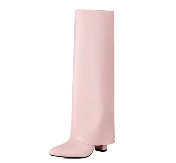 Women Color Pointed Toe Faux Leather Knee High Boots