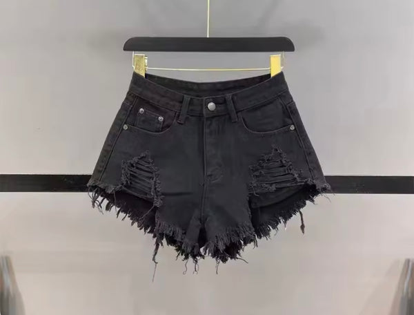 Women Fashion Ripped Fringe Denim Shorts
