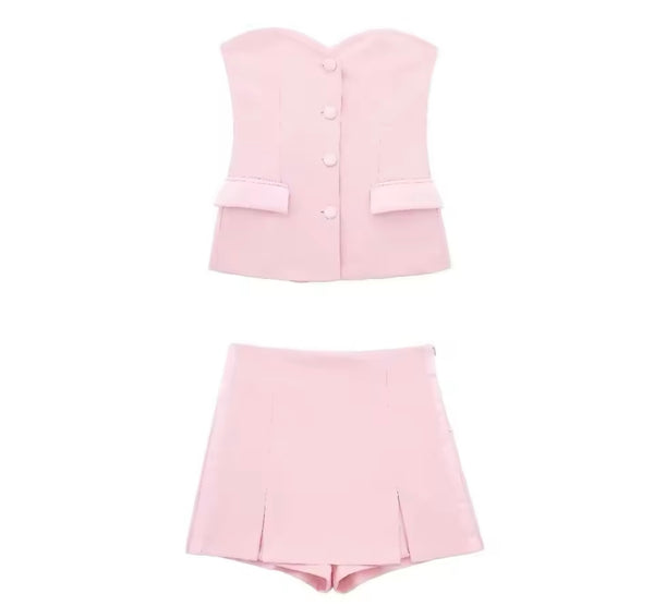 Women Sexy Strapless Button Up Two Piece Wrap Short Set