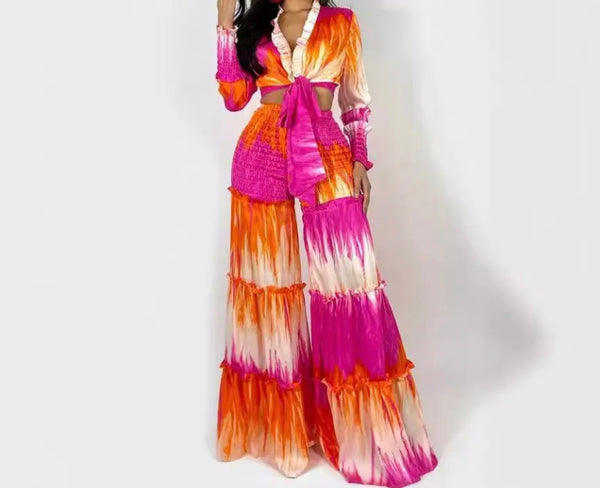 Women Fashion Full Sleeve Colorful Two Piece Wide Leg Pant Set