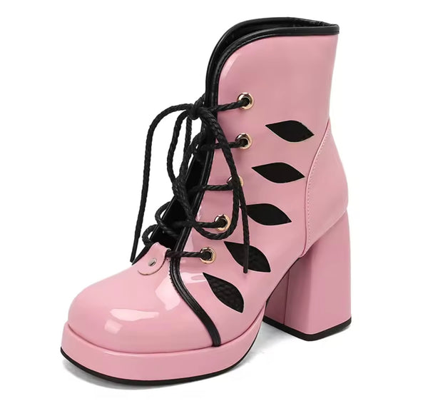 Women Fashion Color Lace Up Patent Leather Ankle Boots