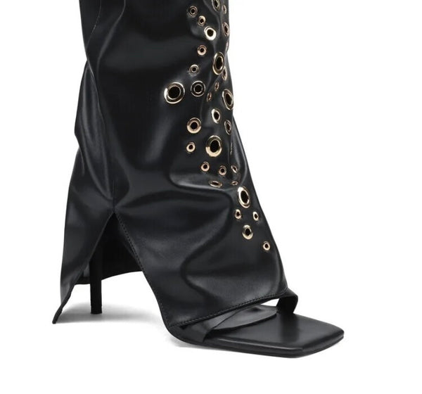 Women Open Toe Fashion Faux Leather Black Rivet Knee High Boots