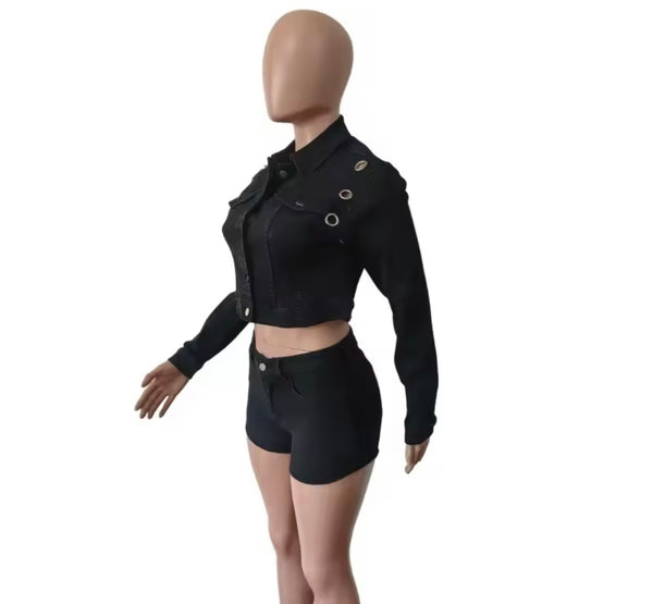 Women Black Button Up Metal Denim Jacket Two Piece Short Set