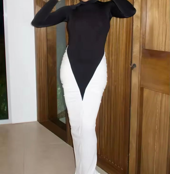 Women B&W Patchwork Ruched Full Sleeve Sexy Maxi Dress
