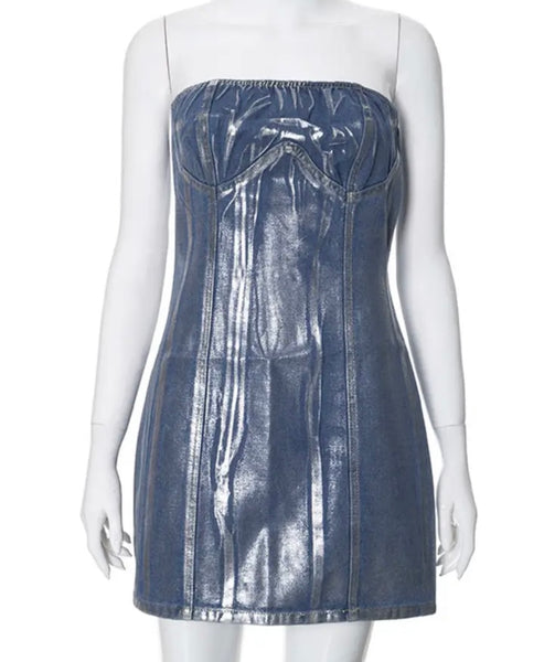 Women Sexy Fashion Strapless Metallic Denim Dress