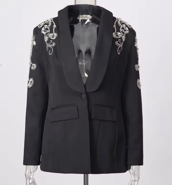 Women Fashion Floral Rhinestone Embellishment Blazer Two Piece Pant Set