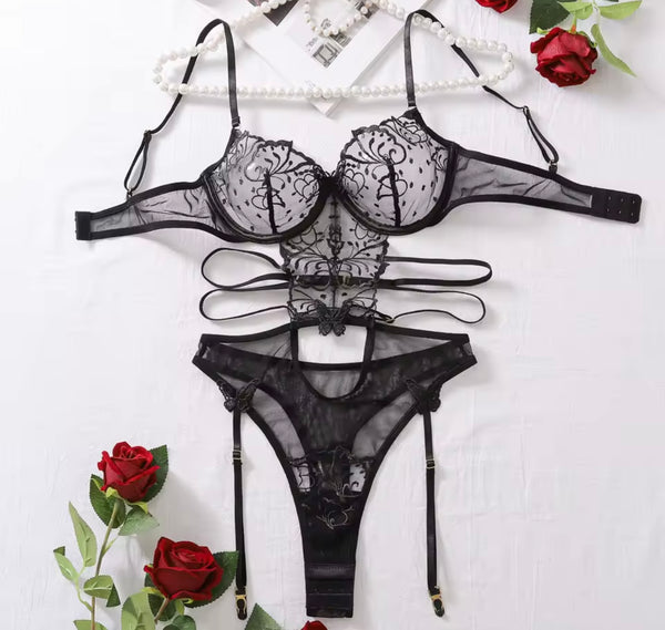 Women Sexy Black Floral Polka Dot Mesh Bodysuit Lingerie Set