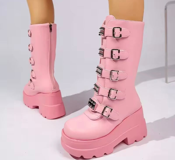 Women Fashion Pink Rivet Buckle Platform Mid Length Boots