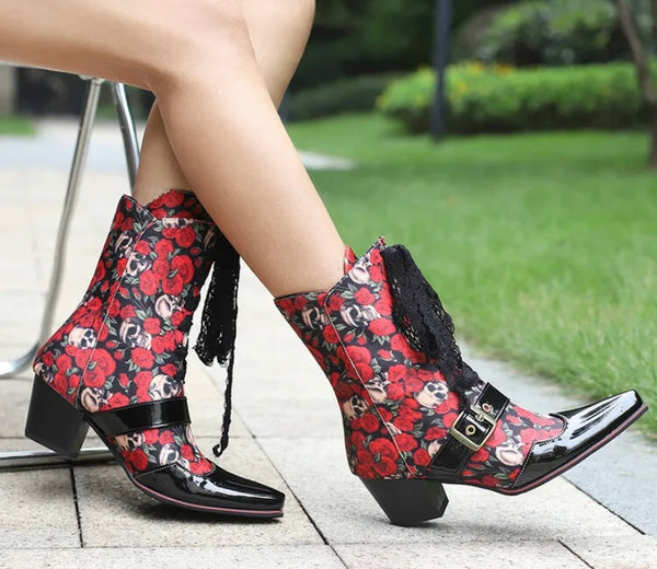 Women Fashion Printed Lace Up Ankle Western Boots