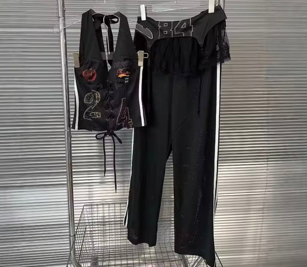 Women Fashion Halter Sleeveless Striped Printed Two Piece Pant Set