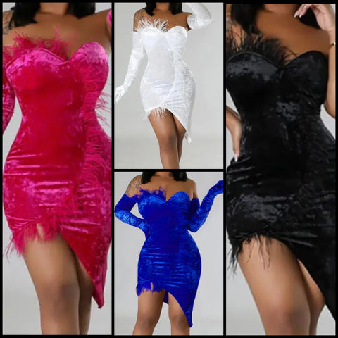 Women Sexy Feather Strapless Glove Velour Asymmetrical Dress