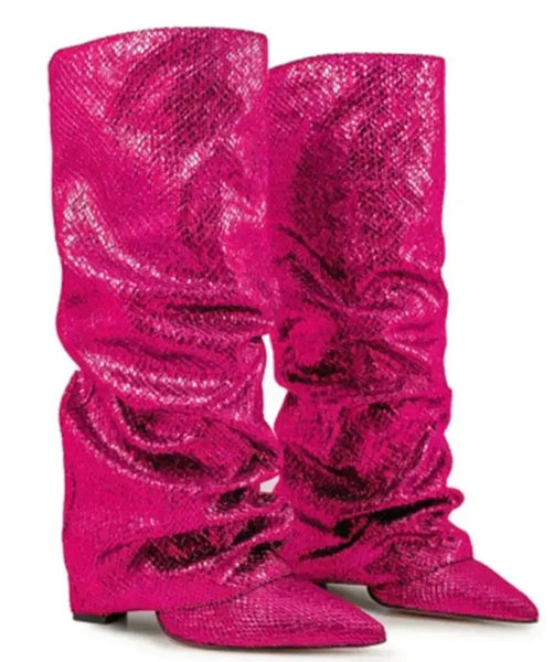 Women Color Ruched Sequins Fashion Knee High Boots