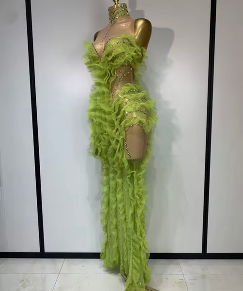Women Sexy Sleeveless Color Rhinestone Ruffled Mesh Maxi Dress