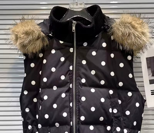 Women B&W Polka Dot Fur Hooded Zip Up Puff Vest Jacket