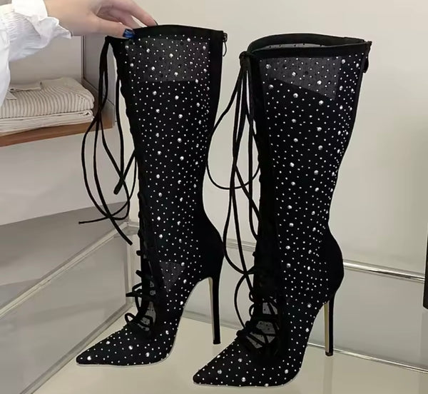 Women Fashion Black Bling Mesh Lace Up Knee High Boots