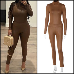 Women PU Turtleneck Full Sleeve Fashion Two Piece Pant Set