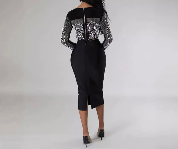 Women Sexy Black Bling Full Sleeve Two Piece Skirt Set