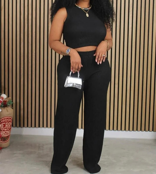 Women Sleeveless Solid Color Fashion Two Piece Pant Set