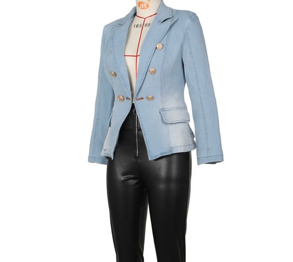 Women Fashion Gold Button Denim Blazer Jacket