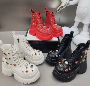 Women Fashion Platform Patent Leather Jewel Lace Up Ankle Boots