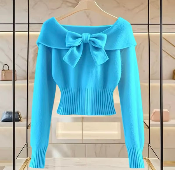 Women Color Bow Full Sleeve Fashion Sweater Top