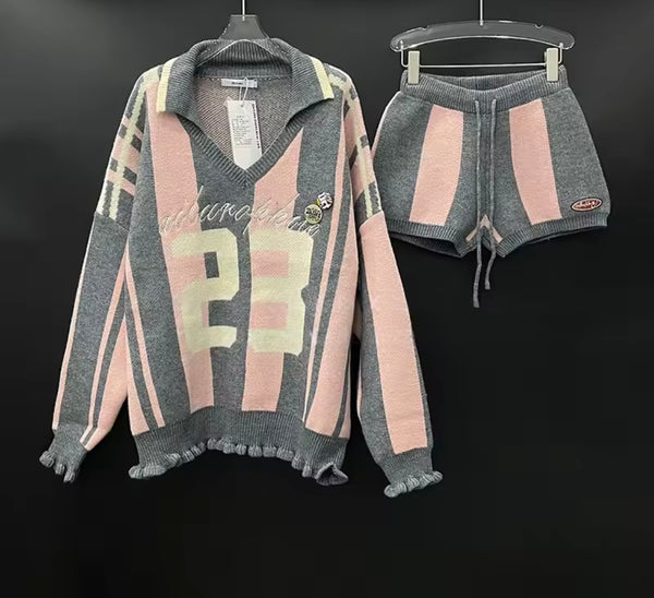 Women Number Print Striped Full Sleeve Two Piece Short Set