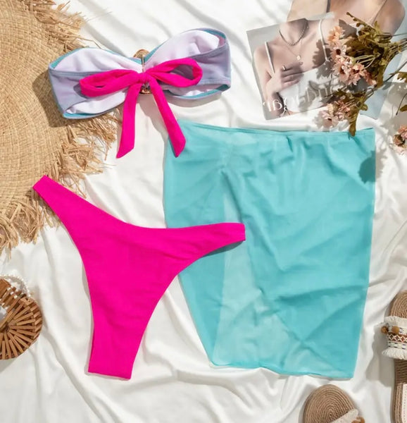 Women Sexy Strapless Color Patchwork Bikini Cover Up Set