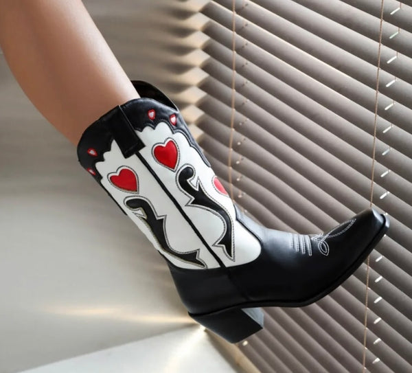 Women Fashion Color Patchwork Heart Print Western Boots