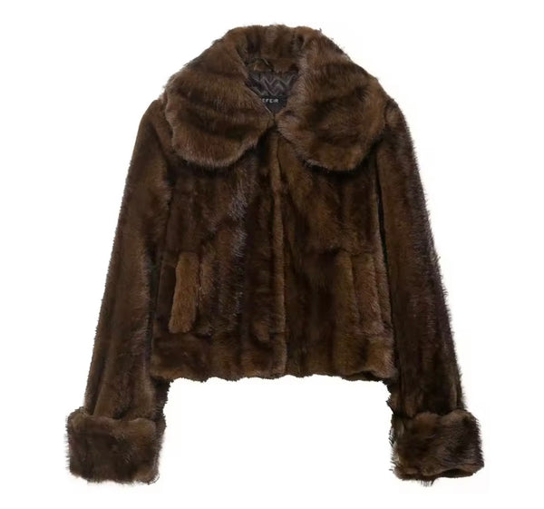 Women Sexy Fashion Brown Faux Fur Jacket Two Piece Skirt Set