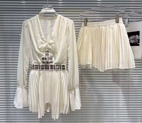 Women Sexy Crystal Chiffon Ruffle Full Sleeve Two Piece Pleated Skirt Set