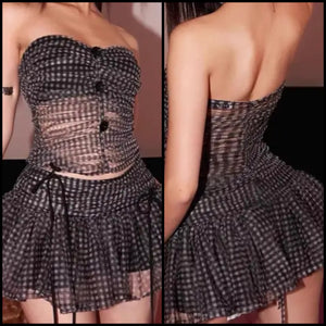 Women Sexy Button Up Strapless Plaid Mesh Two Piece Skirt Set