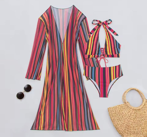 Women Sexy Multicolored Striped Bikini Cover Up Set