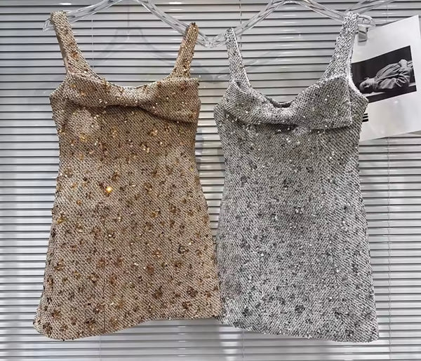 Women Sleeveless Tweed Sequins Bow Fashion Dress