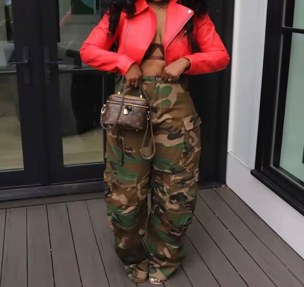 Women Color Zip Up Faux Leather Crop Jacket