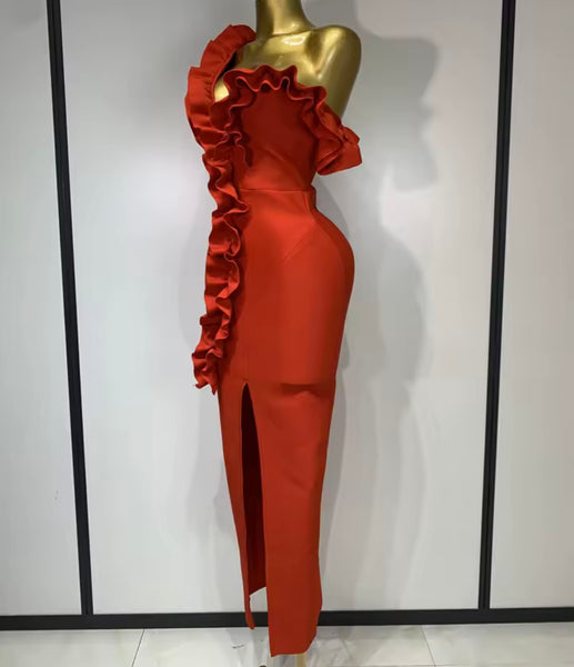Women Red Ruffled One Shoulder Sleeveless Maxi Dress