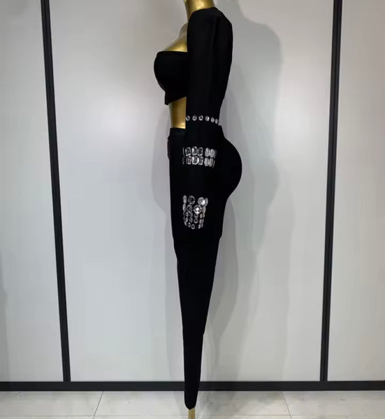 Women Black Crystal Patchwork Three Piece Pant Set