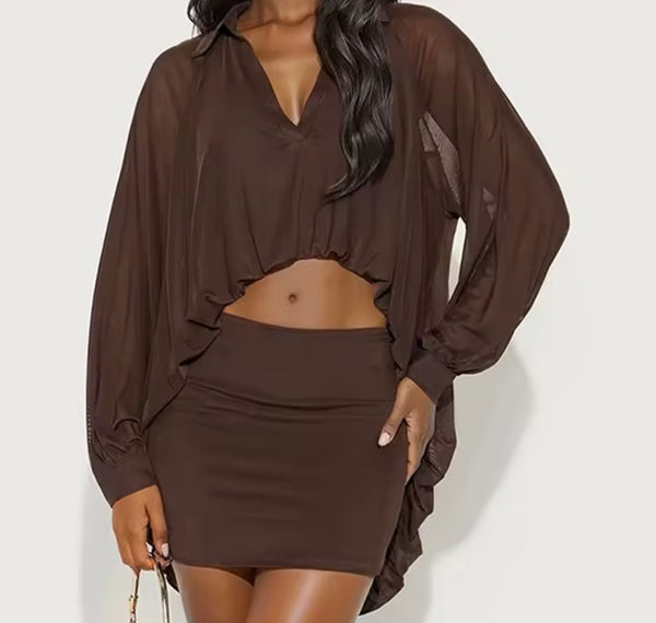 Women Sexy Mesh Full Sleeve Two Piece Skirt Set