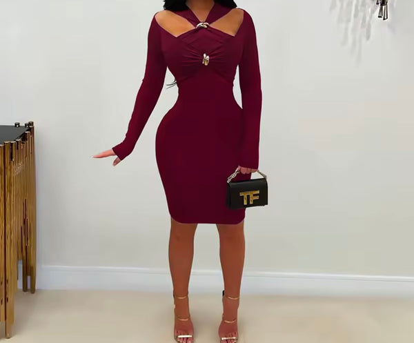 Women Sexy Metal Halter Full Sleeve Dress