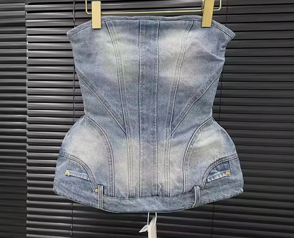 Women Strapless Sexy Fashion Denim Crop Top
