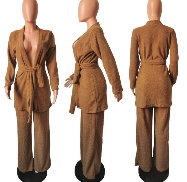 Women Sexy Fashion Full Sleeve Two Piece Belted Pant Set