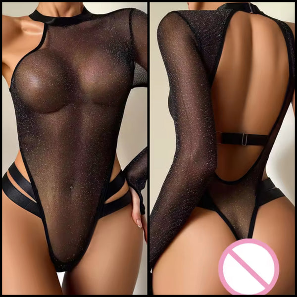 Women Black Sexy See Through One Shoulder Bodysuit Lingerie