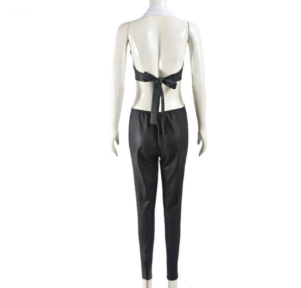 Women Sexy B&W Collar Halter Sleeveless PU Jumpsuit