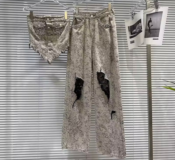 Women Animal Print Rhinestone Strapless Ripped Two Piece Pant Set